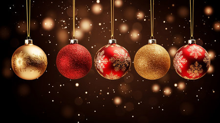 Collection of luxury  red and gold Christmas baubles with snowflake patterns on black backgroundの素材