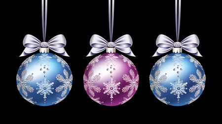 Collection of blue and purple Christmas baubles with silver snowflake patterns on black backgroundの素材