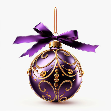 Isolated purple christmas tree ball with luxury golden patterns  on white square backgroundの素材