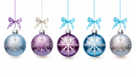 Collection of blue and purple Christmas baubles with silver snowflake patterns on white backgroundの素材