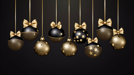 Collection of luxury black and gold Christmas baubles with snowflake patterns on black backgroundの素材