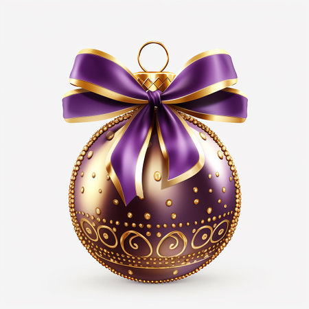 Isolated purple christmas tree ball with luxury golden patterns  on white square backgroundの素材