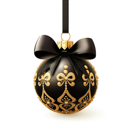 Isolated golden black christmas tree ball with luxury patterns on white square backgroundの素材