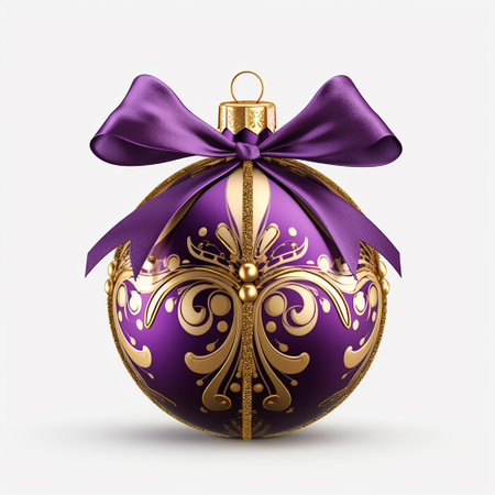 Isolated purple christmas tree ball with luxury golden patterns  on white square backgroundの素材