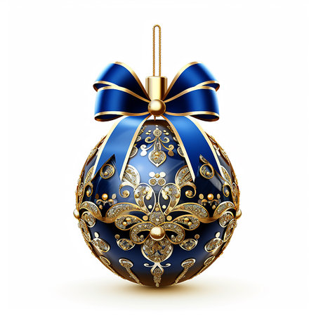 Isolated blue christmas tree ball with luxury golden patterns  on white square backgroundの素材