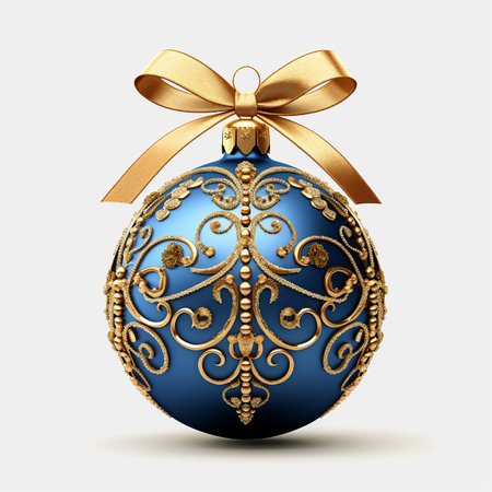 Isolated blue christmas tree ball with luxury golden patterns  on white square backgroundの素材