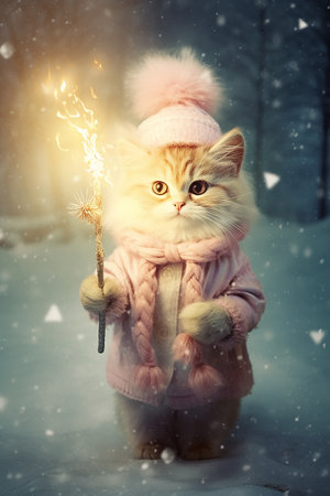 A stylish cat wearing pink coat and hat with  sparklers on snowy winter holiday backgroundの素材