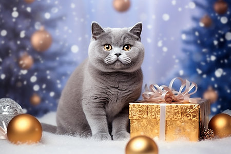 Cute gray british shorthair hat with golden gift box and Christmas baubles on blueの素材