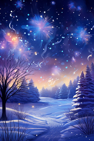 Illustration of magic winter night with fireworks, New Year greeting cardの素材