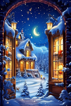 Snowy night scene with a village houses and trees.Christmas holiday landscapeの素材