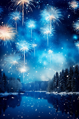 Blue winter bright night sky with white fireworks, New Year greeting cardの素材