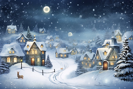Snowy night scene with a village and trees.Christmas holiday landscapeの素材