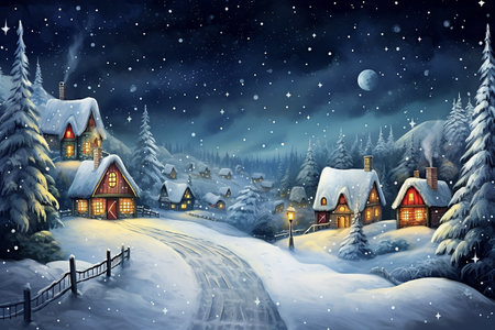 Snowy night scene with a village and trees.Christmas holiday landscapeの素材