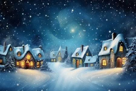 Snowy night scene with a village and trees.Christmas holiday landscapeの素材