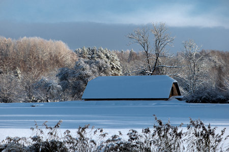 Snow covered roof of a house in a beautiful landscape of winter trees on a sunny dayの写真素材