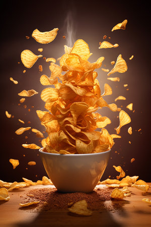 Bowl of potato chips and levitation potato chips isolated on dark backgroundの素材