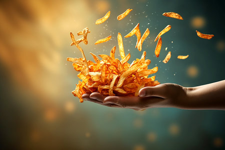 Woman hand holding potato chips on the dark backgroundの素材