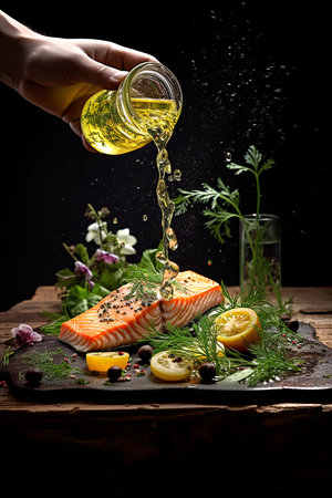 Salmon fillet with herbs, spices and female hand with pouring olives oil, green parsleyの素材