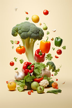 Various colorful vegetables falling on white background, levitation concept with healthy foodの素材