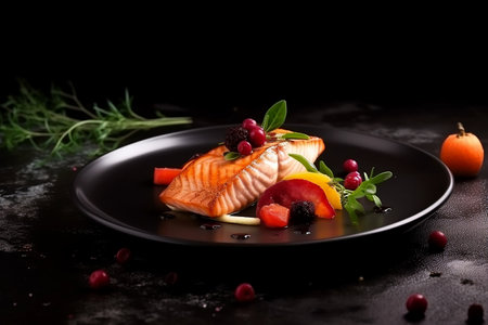 Baked salmon fillet with colorful garnish on dark plate, photo dinner food for restaurant menuの素材