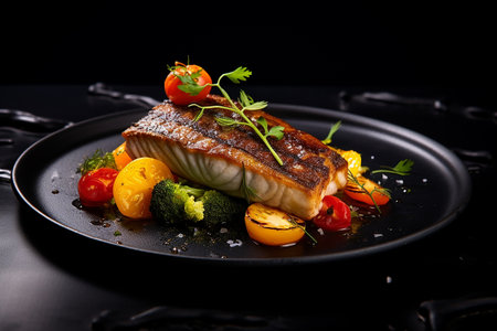 Top view on grilled zander fish fillet and fresh green leafy vegetables salad  on black  backgroundの素材