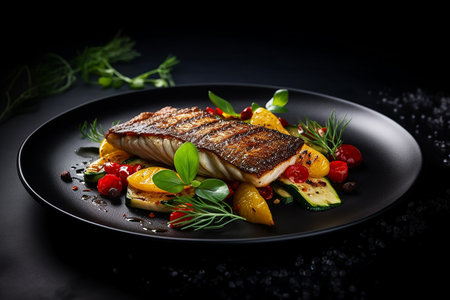 Top view on grilled zander fish fillet and fresh green leafy vegetables salad  on black  backgroundの素材