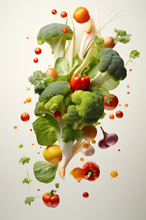 Various colorful vegetables falling on white background, levitation concept with healthy foodの素材