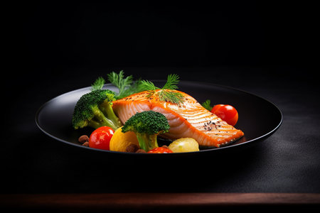 Salmon fillet with colorful vegetables on dark plate, photo dinner food for restaurant menuの素材