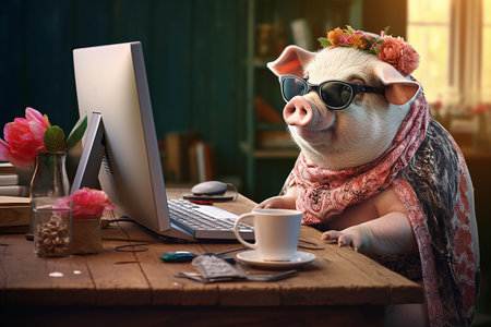 Fat pig lady office worker wearing dress and jewelry sitting behind computer desk in officeの素材