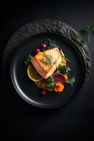 Top view on grilled salmon fish fillet and fresh green leafy salad  on black vertical backgroundの素材