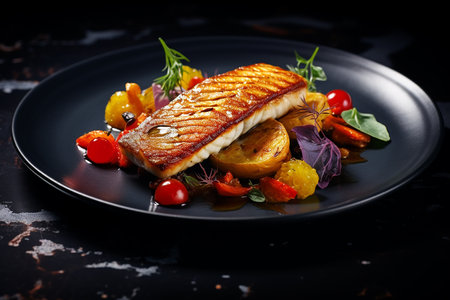 Zander fillet with aromatic herbs, spices and vegetables on dark dinner plateの素材