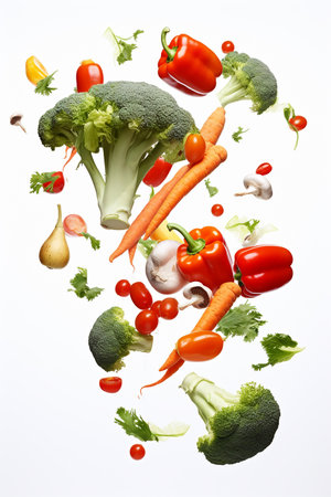 Various colorful vegetables falling on white background, levitation concept with healthy foodの素材