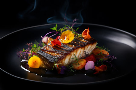 Zander fillet with aromatic herbs, spices and vegetables on dark dinner plateの素材