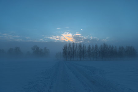 Blue winter landscape with fog and orange sunset skyの写真素材