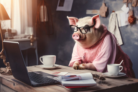 Fat pig lady office worker wearing dress and jewelry sitting behind computer desk in officeの素材