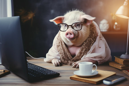 Fat pig lady office worker wearing dress and jewelry sitting behind computer desk in officeの素材