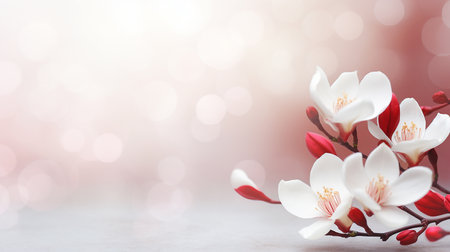 Red and white beautiful martisor spring flowers background with copy spaceの素材