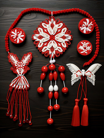 Red and white flat lay martenitsa collection on dark backgroundの素材