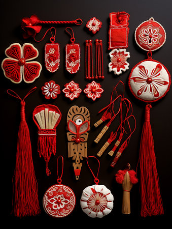 Red and white flat lay martenitsa collection on dark backgroundの素材