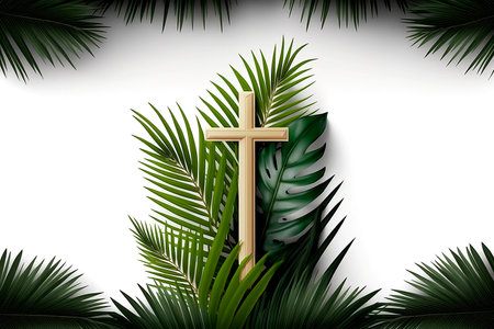 Palm Sunday background with cross and green palm leaves on white background with copy spaceの素材
