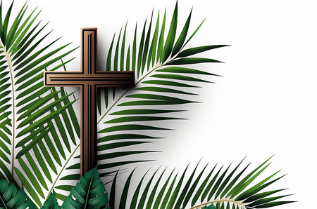 Palm Sunday background with cross and green palm leaves on white background with copy spaceの素材