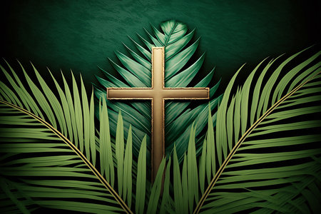 Palm Sunday conceptual background with cross and green palm leavesの素材
