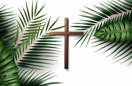 Palm Sunday background with cross and green palm leaves on white background with copy spaceの素材