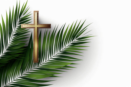 Palm Sunday background with cross and green palm leaves on white background with copy spaceの素材