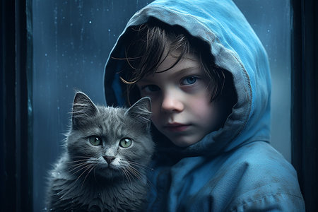 A sad boy with a cat looks through the window glass, which is covered with raindropsの素材