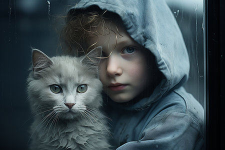 A sad boy with a cat looks through the window glass, which is covered with raindropsの素材