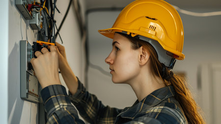 Electrician woman installing electric switchboard system, professional in work processの素材