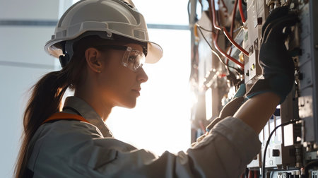 Electrician woman installing electric switchboard system, professional in work processの素材