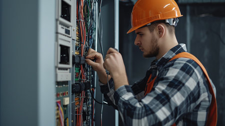 Electrician man installing electric switchboard system, professional in work processの素材