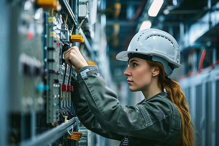 Side view on electrician woman installing electric switchboard system, professional in work processの素材